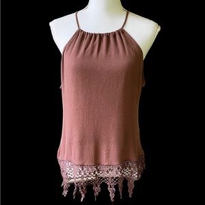 Day Tripper Tank Top Crochet Lace High Neck Boho Sleeveless Brown Rayon Festival